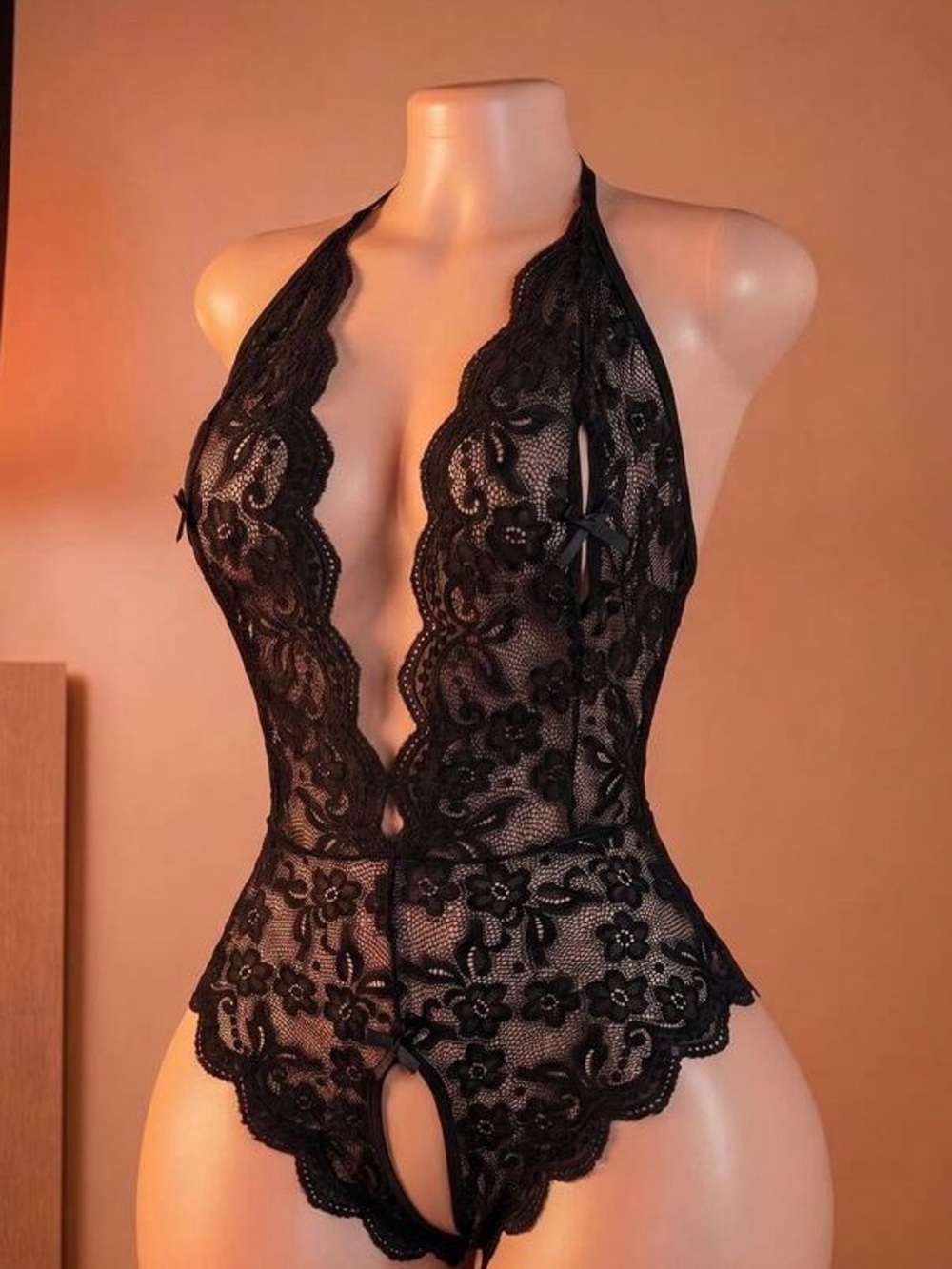 black floral lace halter bodysuit lingerie